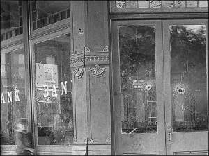 The bullet-pocked Condon Bank, 1892  /Kansas State Historical Society